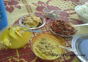 masak lemak kulat sisir, daging lada hitam, telur dadar dan ikan lampam sayur bening