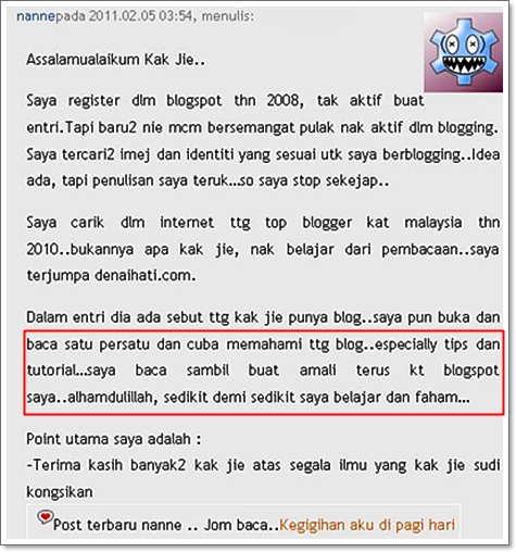 Tips komen dari pembaca Gembira Walau Tak Menang Acer Aspire One